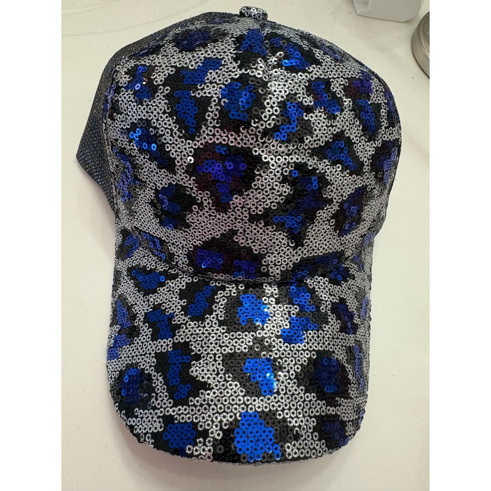 Sequin Leopard Print Baseball Cap Women's Adjustable Blue Silver Sparkly‎ NWOT